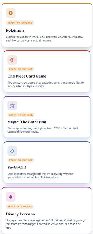 Choose a game screen showing Pokemon, Garbage Pail Kids, One Piece, and Magic: The Gathering