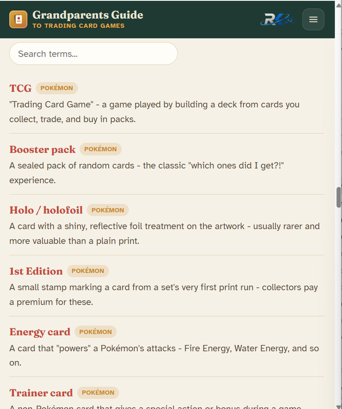 Searchable glossary of trading card terms