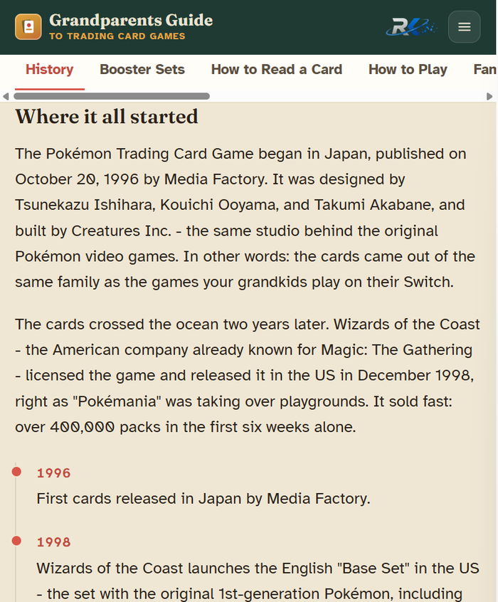 History tab showing where the Pokemon Trading Card Game started