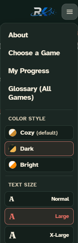 Menu with color style and text size options
