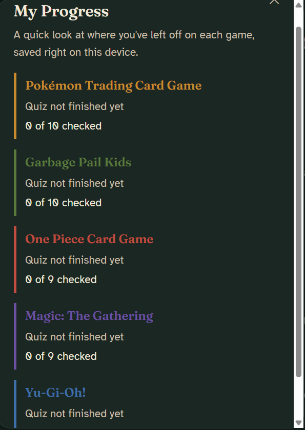 My Progress panel showing quiz completion for each game