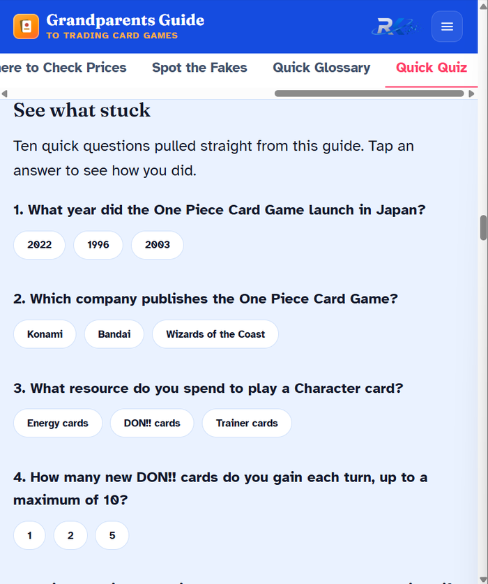 Quick quiz screen with multiple choice questions