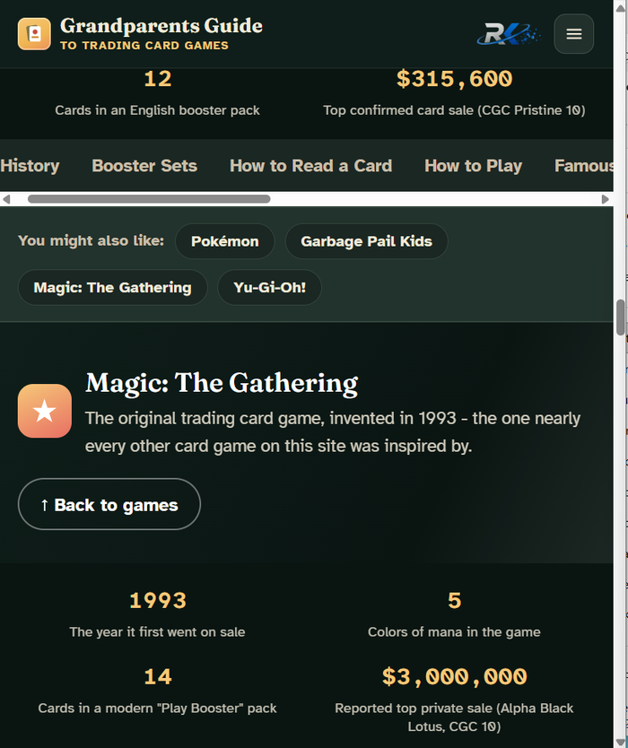 Quick stats and tabs for a game, showing History, Booster Sets, How to Read a Card, How to Play, and Famous Cards